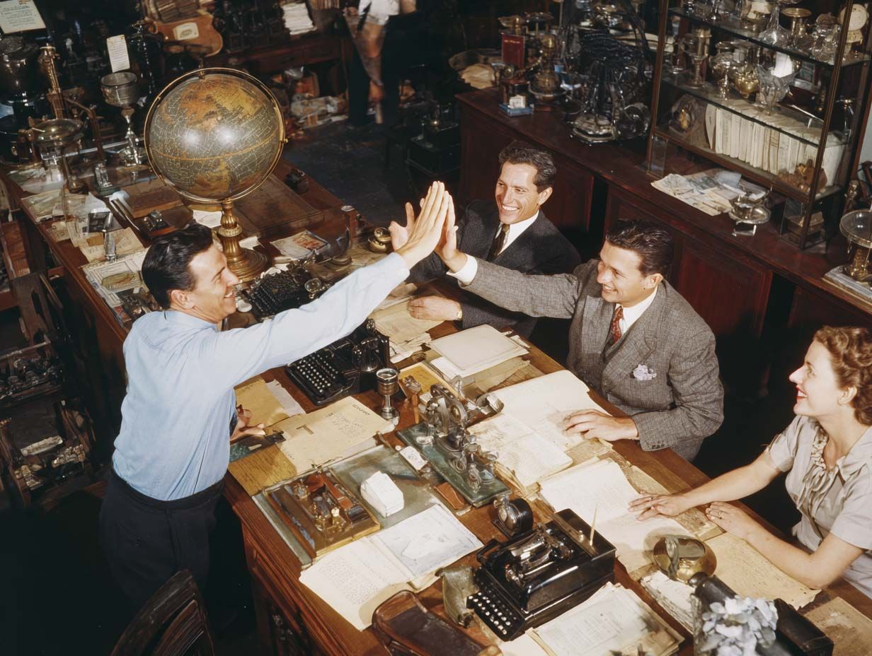 Vendors in vintage suits high-five across a desk covered in typewriters and paperwork